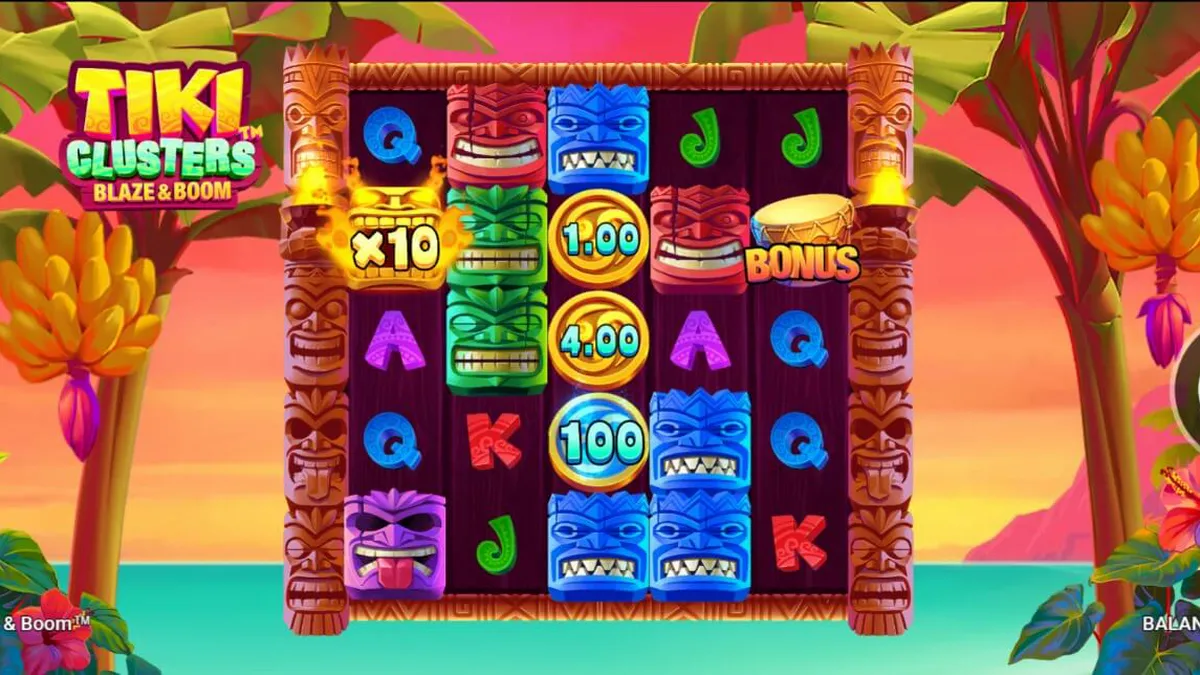 Tiki Clusters Blaze & Boom slot gameplay dengan tema pulau tropis dan topeng Tiki