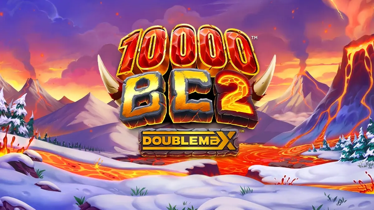 Tampilan visual slot 10000 BC DoubleMax 2 dengan tema prasejarah dan gunung berapi